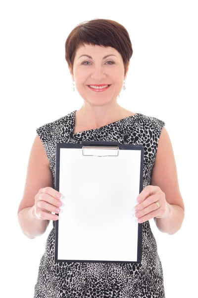 Femme d'affaires âgé moyen avec le presse-papier blanc — Photo