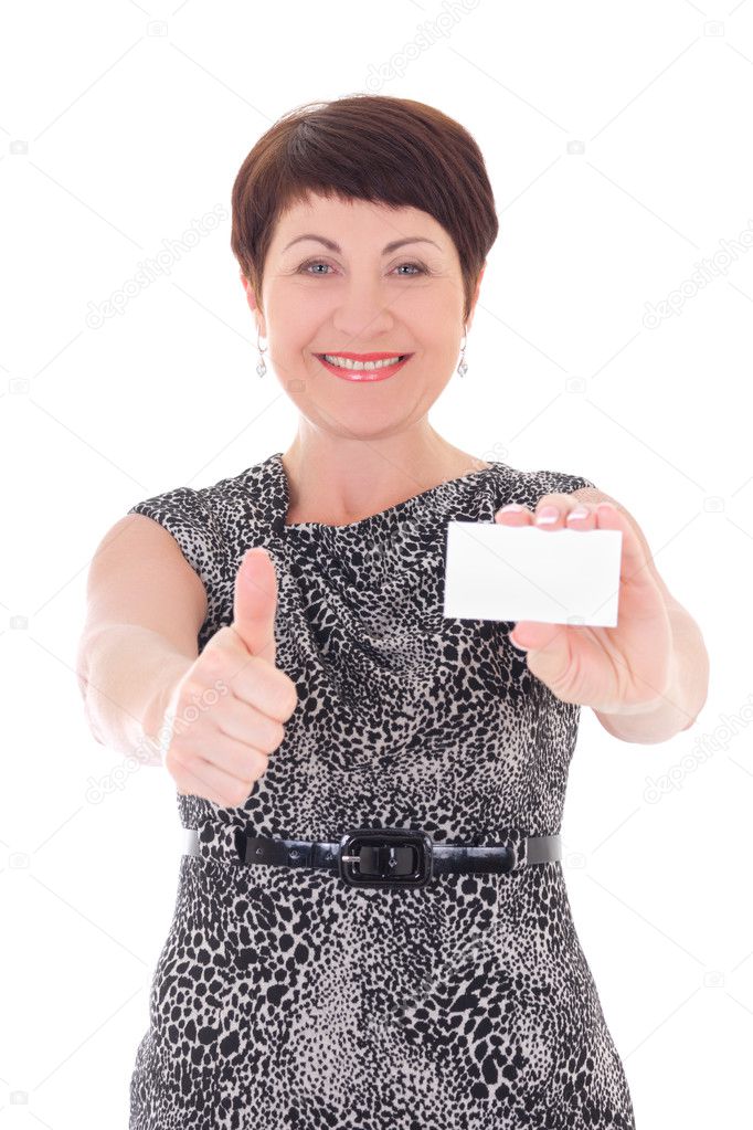 middle aged businesswoman with visiting card thumbs up