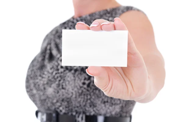 Carte de visite en main féminine isolée sur blanc — Photo