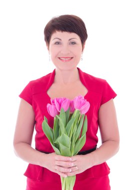 çiçekli beyaz izole orta yaşlı kadın