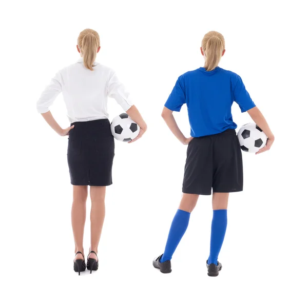 Back view of woman in blue soccer uniform and businesswoman with — Stock Photo, Image