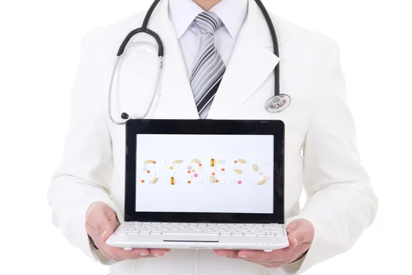 Laptop with word stress in doctor's hands isolated on white — Stock Photo, Image