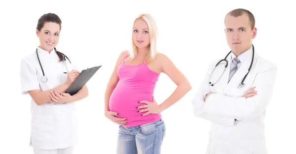 Pregnant woman, doctor and nurse isolated on white — Stock Photo, Image