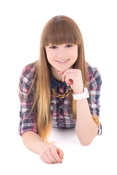 Happy teenage girl lying isolated on white — Stock Photo, Image