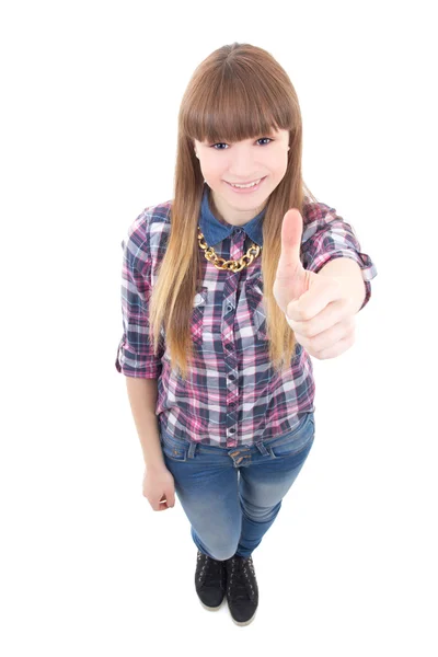 Portrait of funny teenage girl thumbs up isolated on white — Stock Photo, Image