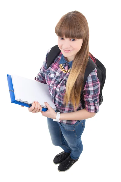 Menina adolescente bonito com mochila isolada em branco — Fotografia de Stock