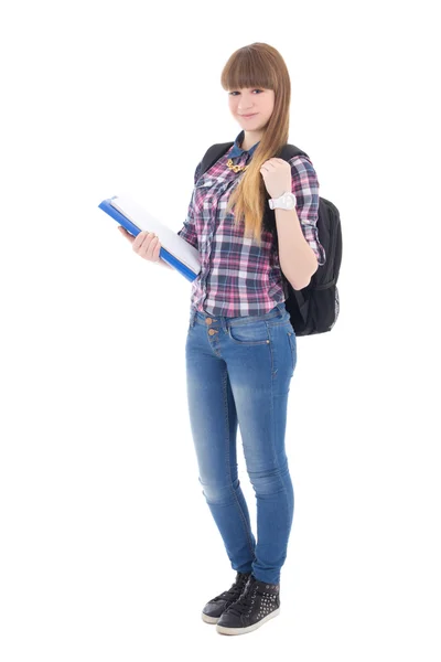 Schattig schoolmeisje met rugzak geïsoleerd op wit — Stockfoto