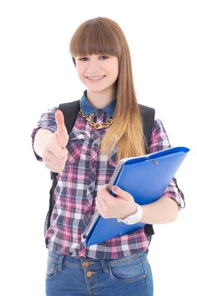 Söta tonårsflicka med ryggsäck och mappen tummen upp isolerade på — Stockfoto