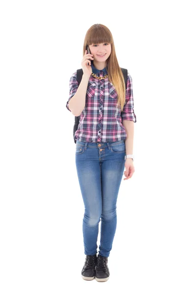 Adolescente com telefone móvel isolado no branco — Fotografia de Stock