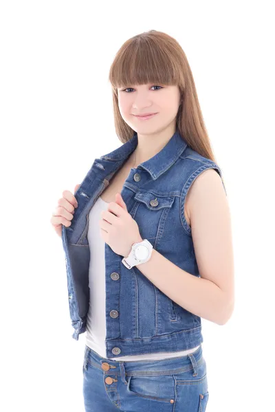 Süße Teenager-Mädchen in Jeans-Weste isoliert auf weiss — Stockfoto