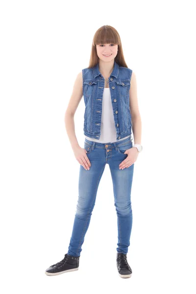 Linda garota adolescente em roupas jeans isolado no branco — Fotografia de Stock