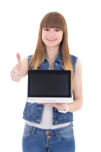 Tienermeisje bedrijf laptop met copyspace duimschroef opwaarts geïsoleerd op — Stockfoto