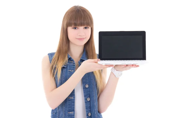 Cute teenage girl holding laptop with copyspace isolated on whit — Stock Photo, Image