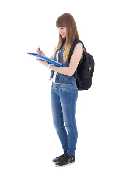 Cute teenage girl with notebook isolated on white — Stock Photo, Image