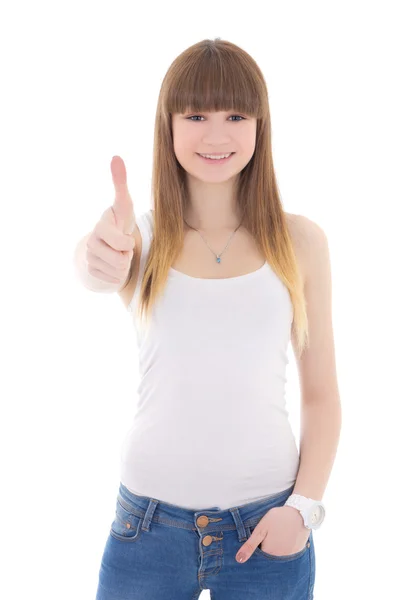 Genç kız beyaz t-shirt üzerinde beyaz izole thumbs up — Stok fotoğraf