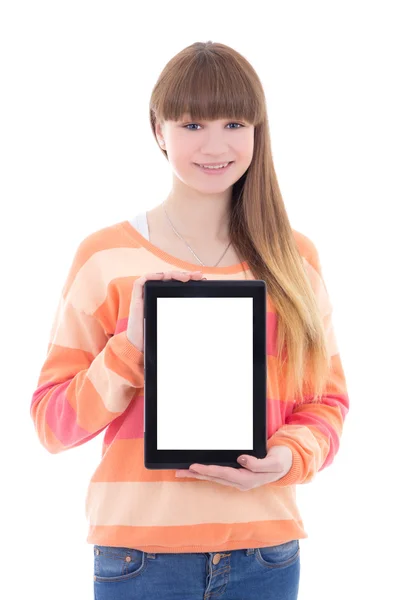 Hermosa chica adolescente sosteniendo tablet PC con copyspace es —  Fotos de Stock