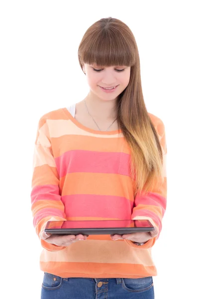 Tienermeisje houden tabletcomputer geïsoleerd op wit — Stockfoto