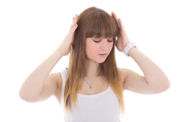 Ragazza adolescente con mal di testa isolato su bianco — Foto Stock