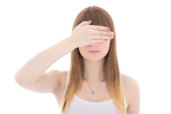 Ragazza adolescente con la mano sugli occhi, isolato su bianco — Foto Stock