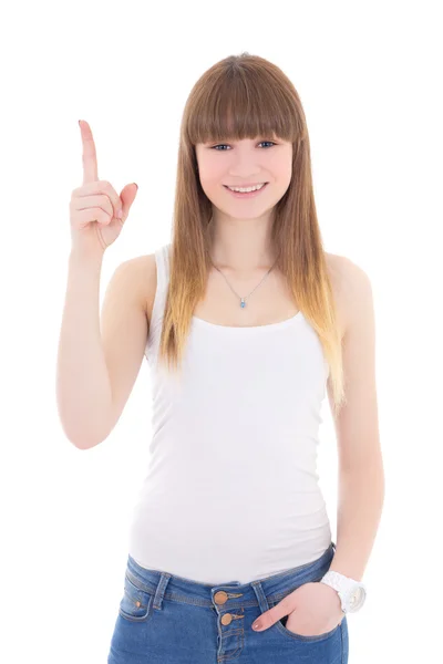 Teenage girl in white t-shirt showing idea sign isolated on whit — Stock Photo, Image