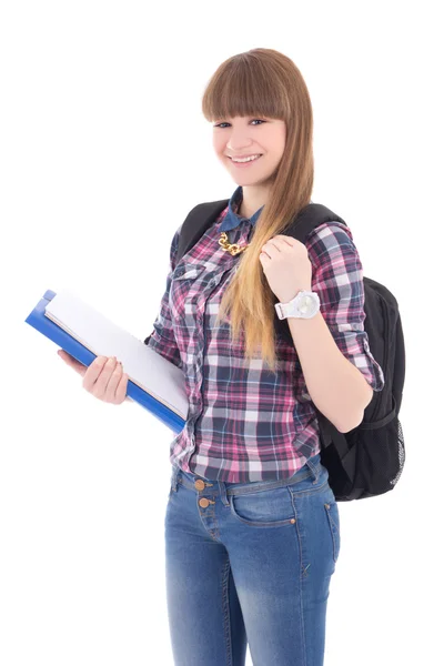 Retrato de uma linda garota adolescente com mochila isolada no branco — Fotografia de Stock