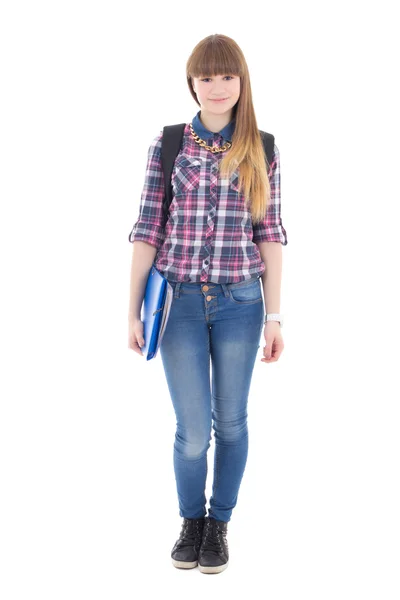 Cute schoolgirl with backpack and books isolated on white — Stock Photo, Image