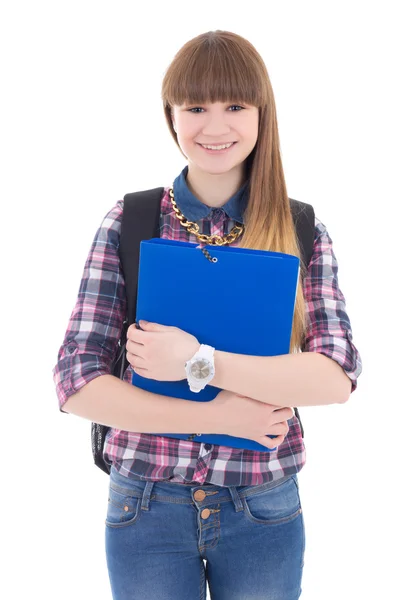 Schattig tienermeisje met rugzak en map geïsoleerd op wit — Stockfoto