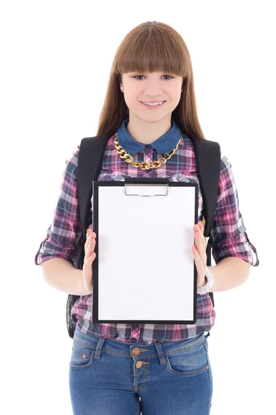 Cute teenage girl with blank clipboard isolated on white — Stock Photo, Image