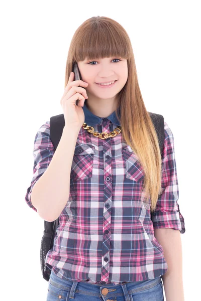 Linda garota adolescente com telefone móvel isolado no branco — Fotografia de Stock