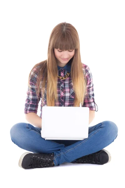 Linda garota adolescente sentado com laptop — Fotografia de Stock