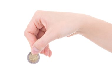 kadın el üzerinde beyaz izole iki euro para tutarak 