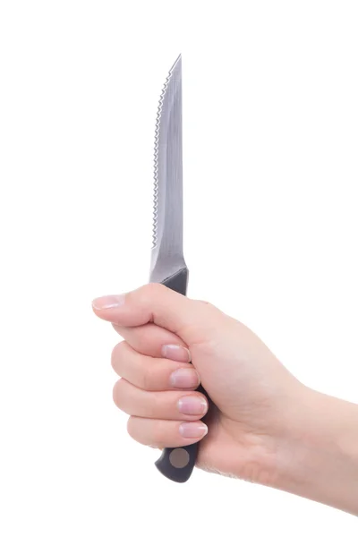 Female hand holding knife isolated on white — Stok Foto