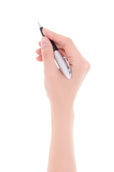 Main de femme tenant le stylo isolé sur blanc — Photo