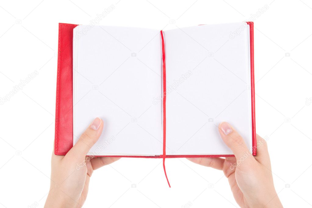 blank notebook in female hands isolated on white