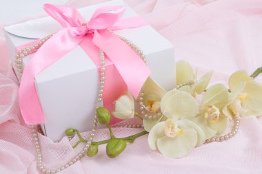 hediye kutusu ile pembe kurdele, orkide ve inci kolye