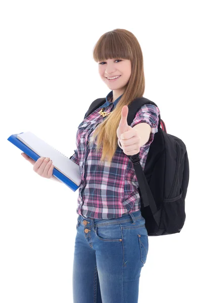 Cute schoolgirl with backpack thumbs up isolated on white — Stock Photo, Image