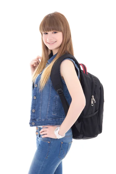 Portrait of cute teenage girl with backpack posing isolated on w — Stock Photo, Image