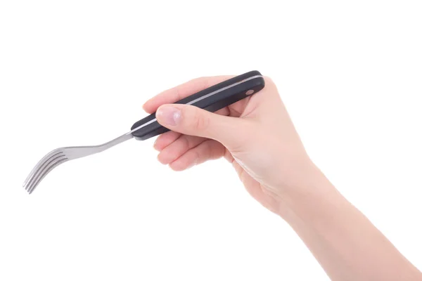 Vrouw hand met vork geïsoleerd op wit — Stockfoto