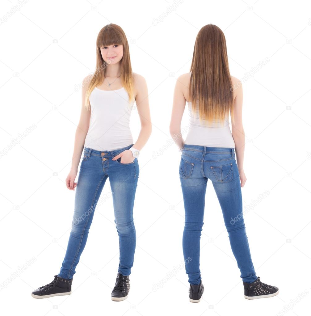 Front and back view of cute teenage girl in white t-shirt isolated on white background