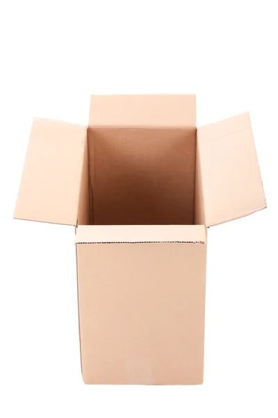 Abra a caixa de papelão ondulada marrom sobre branco — Fotografia de Stock