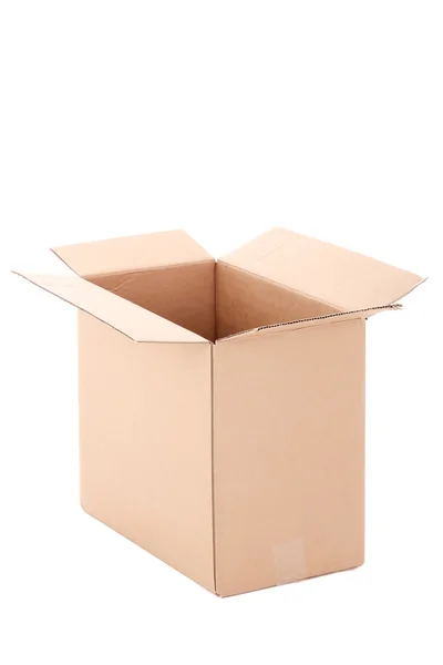 Abrir a caixa de caixa de papelão ondulado marrom sobre branco — Fotografia de Stock