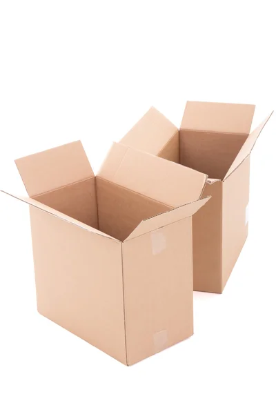 Two open brown corrugated cardboard boxes over white — Stok Foto