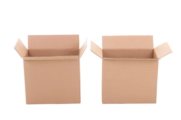 Open brown corrugated cardboard boxes over white — Stok Foto