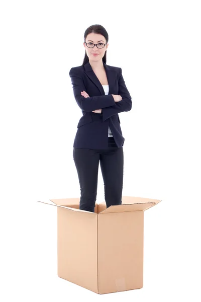 Conceito dismission - mulher de negócios em caixa de papelão isolada na — Fotografia de Stock
