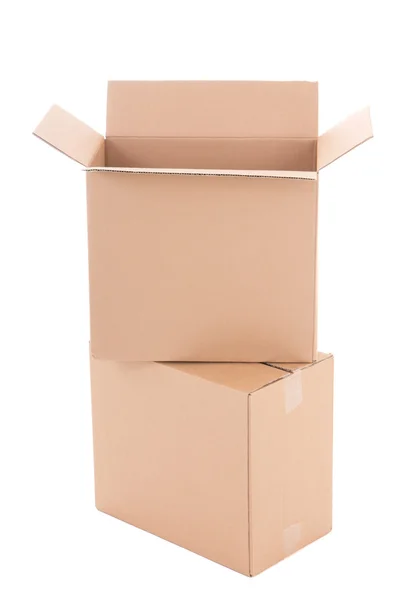 Két nyitott elszigetelt fehér barna hullámos karton dobozok — Stock Fotó