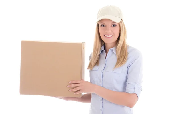Post mulher de serviço de entrega com caixa isolada no branco — Fotografia de Stock