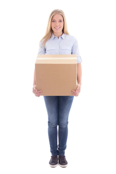 Young blond woman holding cardboard box isolated on white — Stock Photo, Image