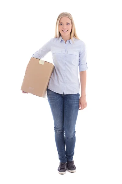 Young woman holding cardboard moving box isolated on white — Stock Photo, Image