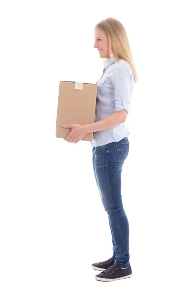 Young woman holding cardboard moving box — Stock Photo, Image