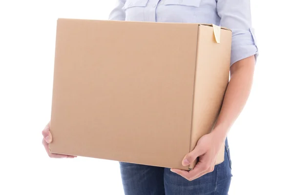 Cardboard moving box in woman hands isolated on white — Stock Photo, Image